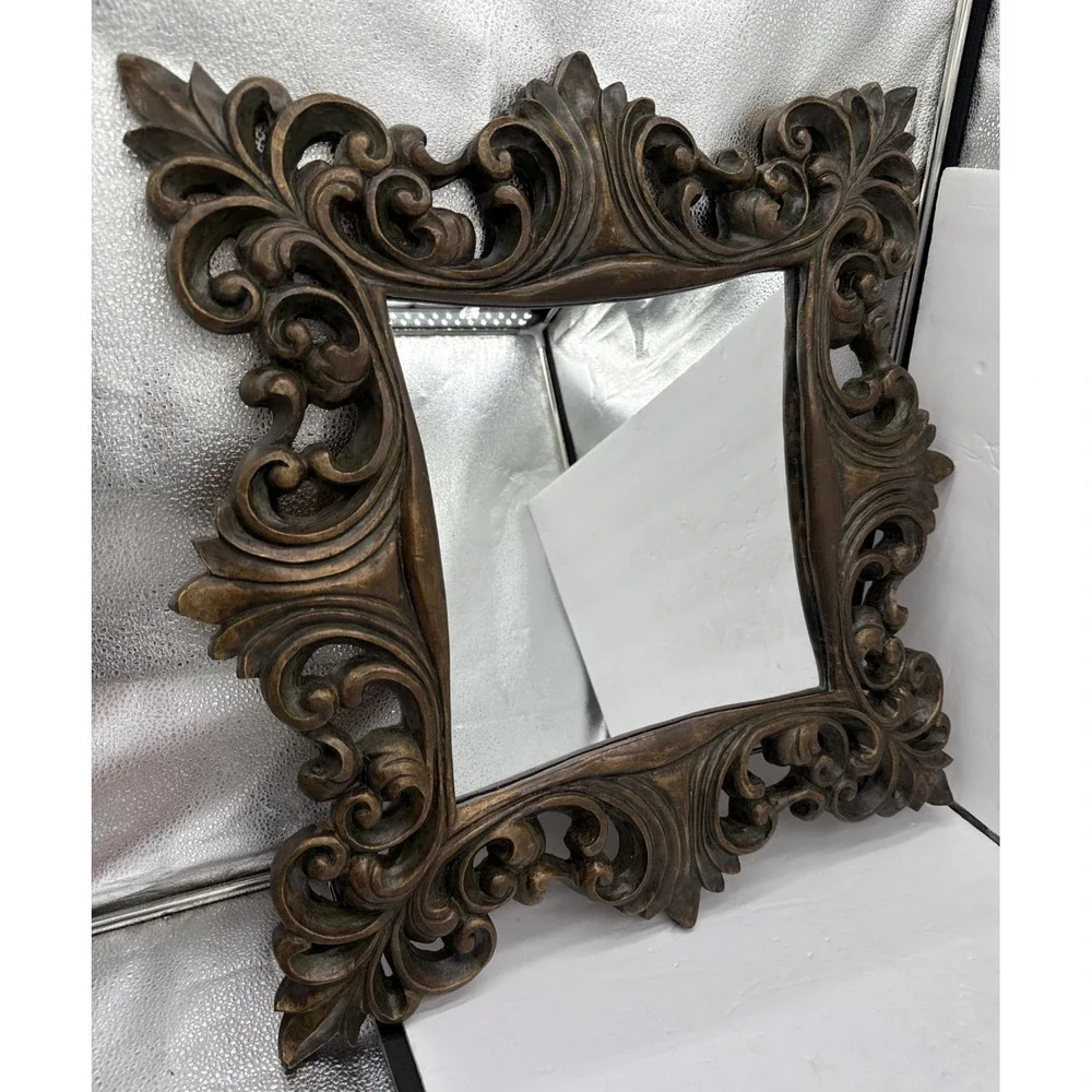 Ornate Carved Wood Mirror Hollywood Regency Baroque Style Wall Decor 24x 23 1/2